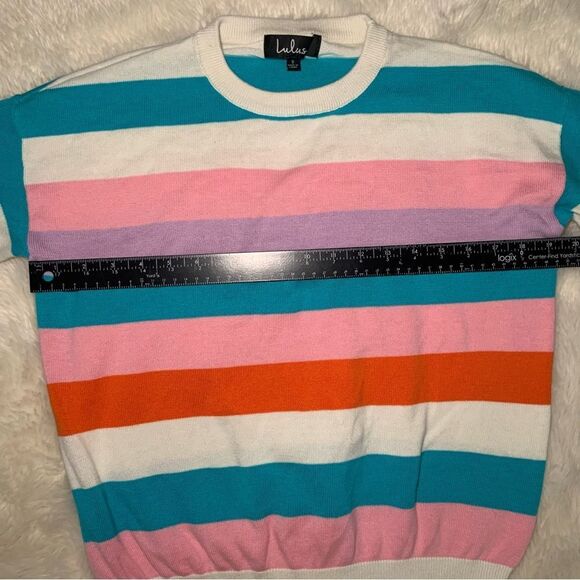 Sz Small Lulu’s Striped Cream Pink Teal and Orange Sweater - Picture 4 of 11